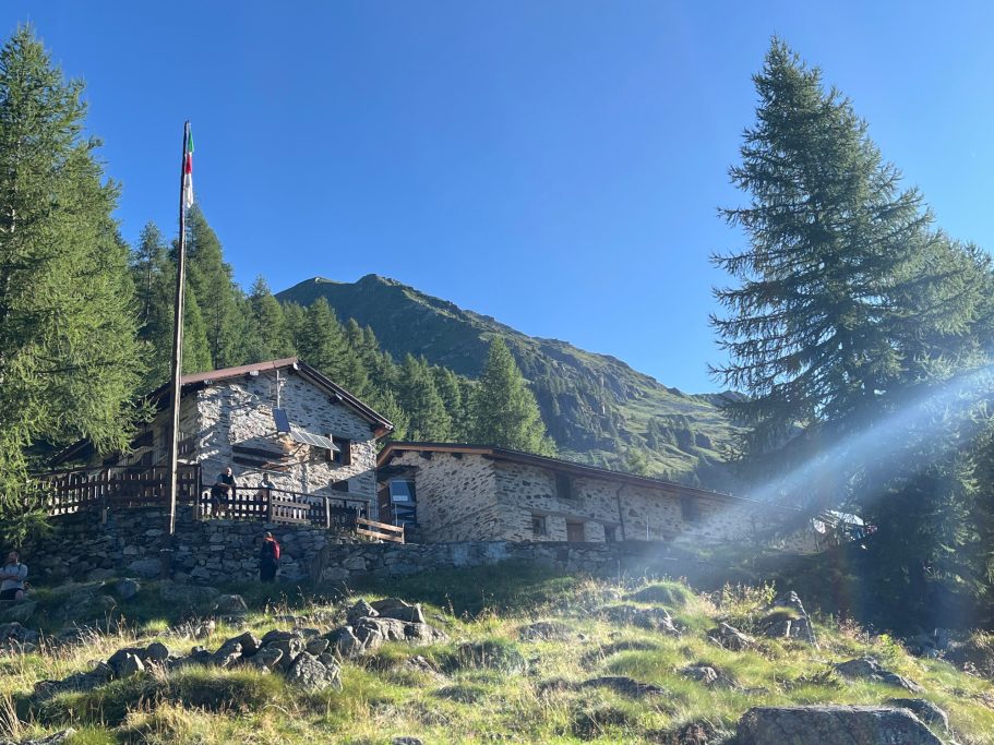 Almhütte in den Bergen, umgeben von Bäumen und einer klaren blauen Himmel.