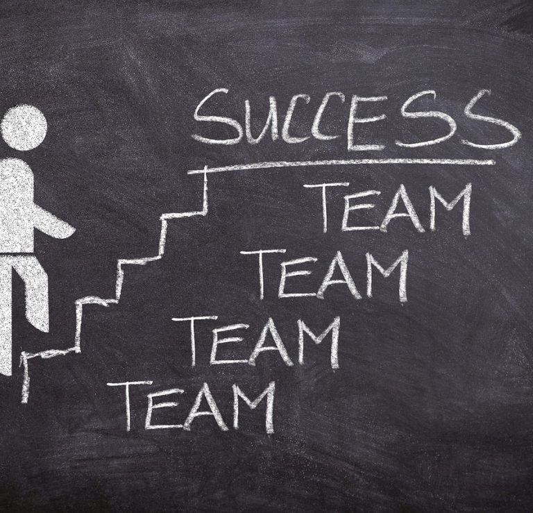 Mensch steigt eine Treppe hinauf, darüber steht "SUCCESS" und häufig das Wort "TEAM".